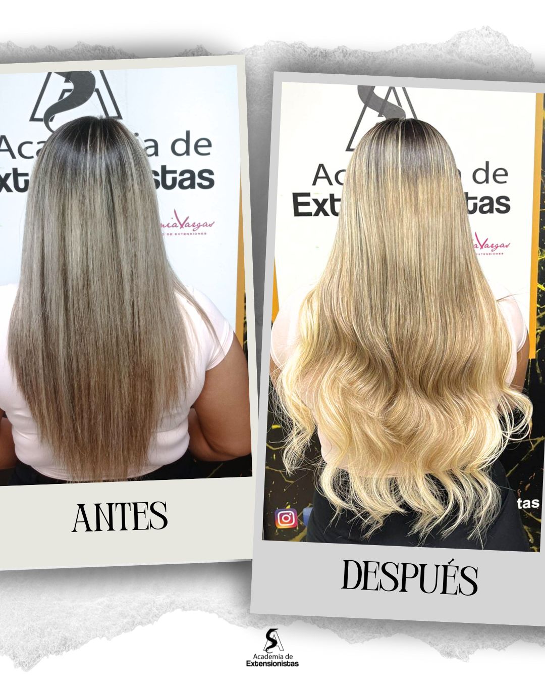 Antes y después de una aplicación de extensiones de cabello del curso